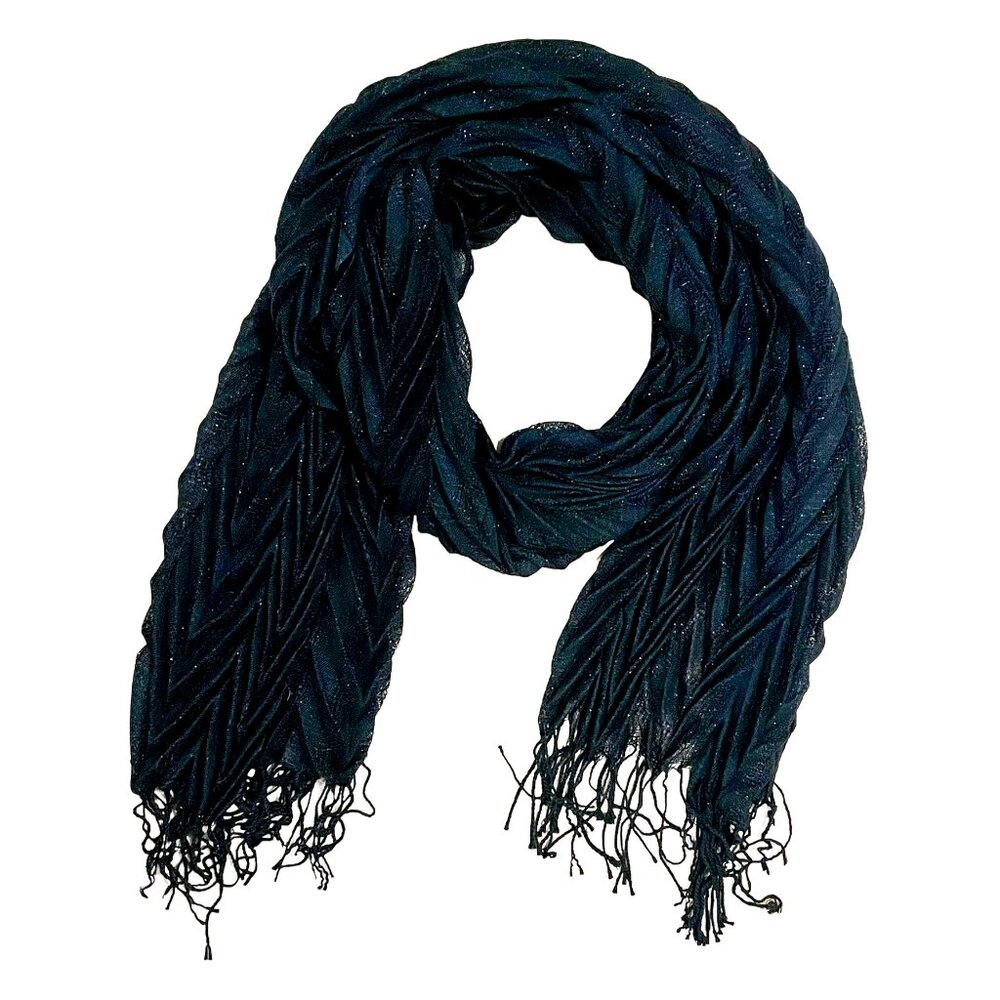 Black Crinkle Scarf with Metallic Sparkle Fringe — Winter Evening Wrap